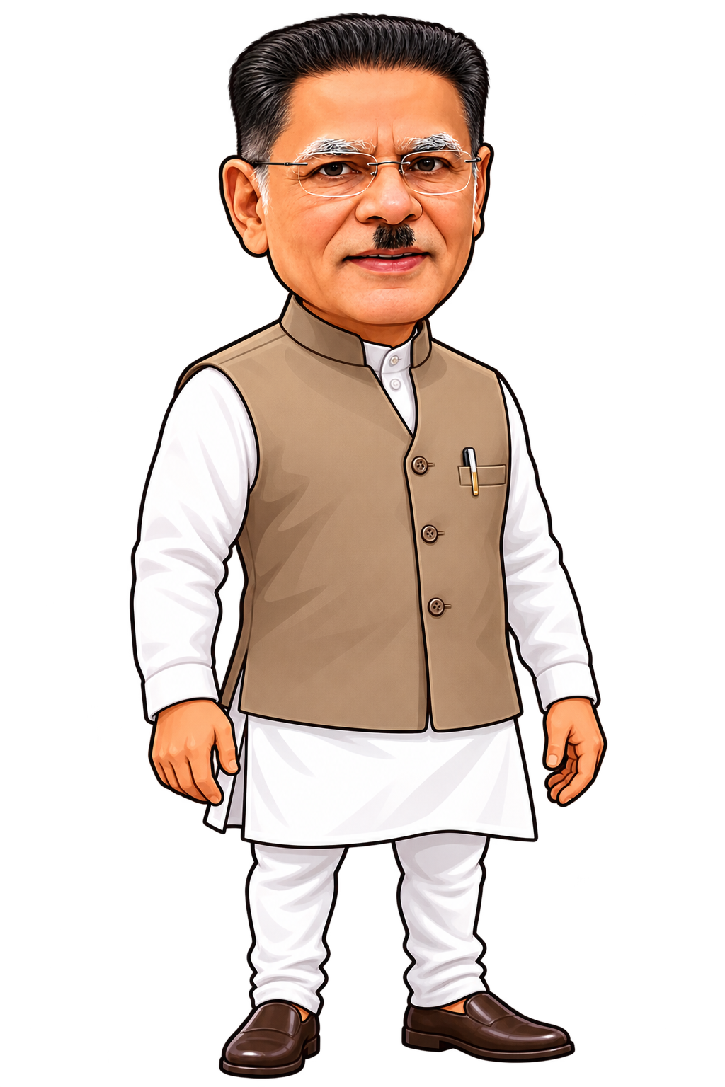 Full-body Mowgli with glasses, beige vest and white kurta